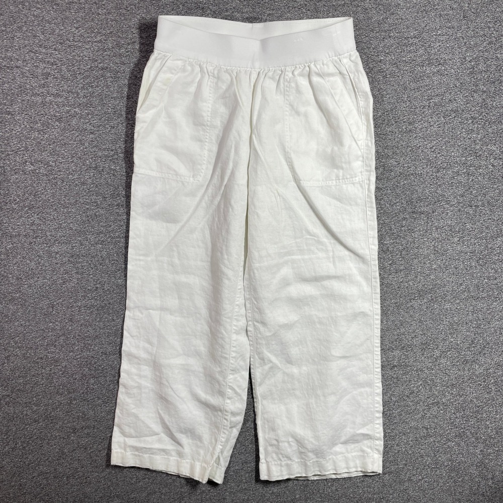 Eileen Fisher White 100% Linen Wide Leg Crop Pants with Elastic Waist